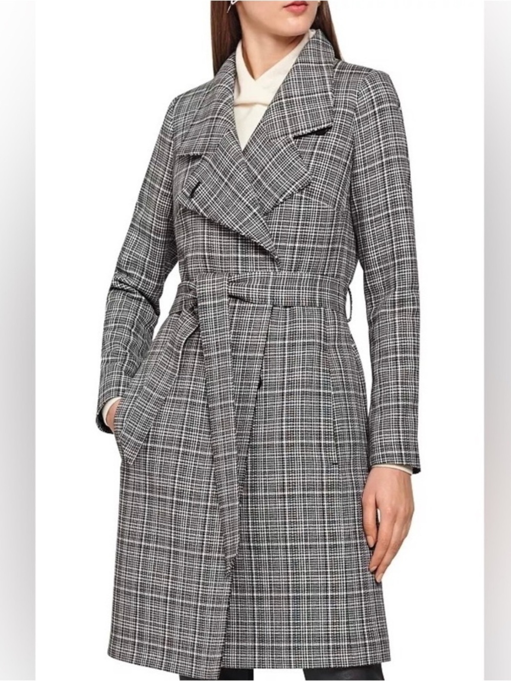 Reiss Gray Plaid Belted Trench Coat